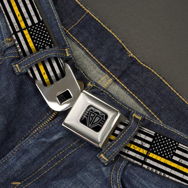 Buckle Down BD Wings Logo CLOSE-UP Black/Silver Seatbelt Belt - Thin Yellow Line Flag Weathered Black/Gray/Yellow Webbing