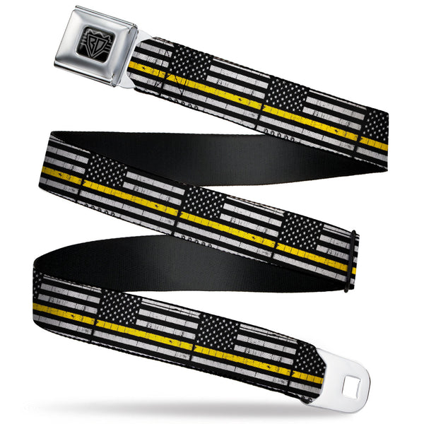 buckle down BD Wings Logo CLOSE-UP Black/Silver Seatbelt Belt - Thin Yellow Line Flag Weathered Black/Gray/Yellow Webbing