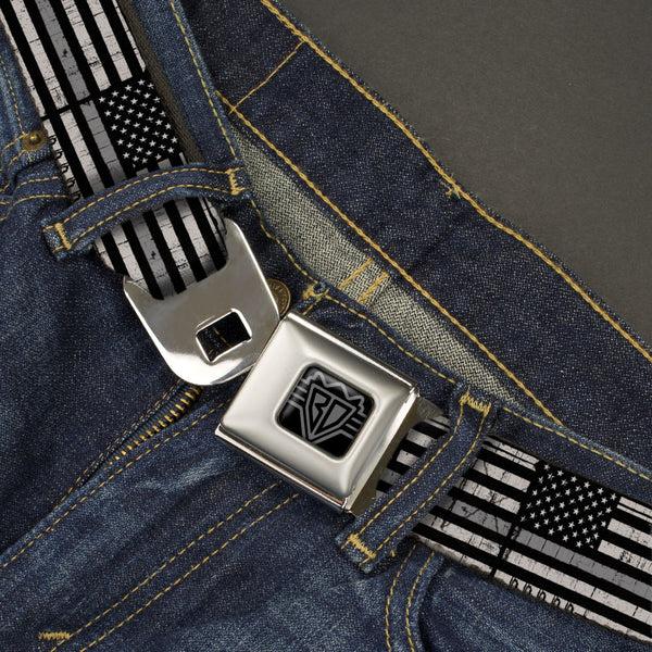 Buckle Down BD Wings Logo CLOSE-UP Black/Silver Seatbelt Belt - Thin Gray Line Flag Weathered Black/Grays Webbing
