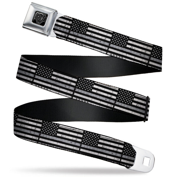 buckle down BD Wings Logo CLOSE-UP Black/Silver Seatbelt Belt - Thin Gray Line Flag Weathered Black/Grays Webbing