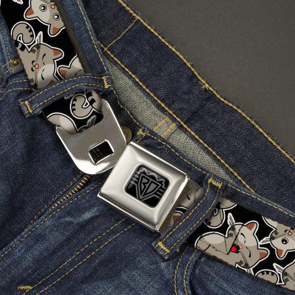Buckle Down BD Wings Logo CLOSE-UP Black/Silver Seatbelt Belt - Cat Poses Scattered Black/Grays Webbing