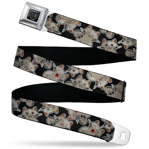 buckle down BD Wings Logo CLOSE-UP Black/Silver Seatbelt Belt - Cat Poses Scattered Black/Grays Webbing
