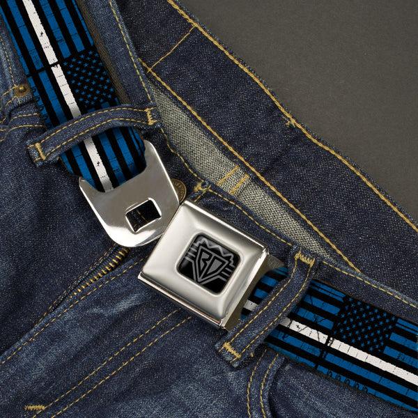 Buckle Down BD Wings Logo CLOSE-UP Black/Silver Seatbelt Belt - Thin White Line Flag Weathered Black/Blue/White Webbing