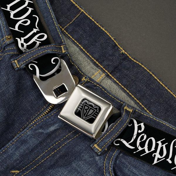 Buckle Down BD Wings Logo CLOSE-UP Black/Silver Seatbelt Belt - Americana Flag/WE THE PEOPLE Black/White Webbing