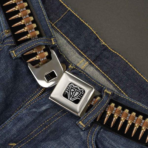 Buckle Down BD Wings Logo CLOSE-UP Black/Silver Seatbelt Belt - Printed Bullets Pattern Webbing