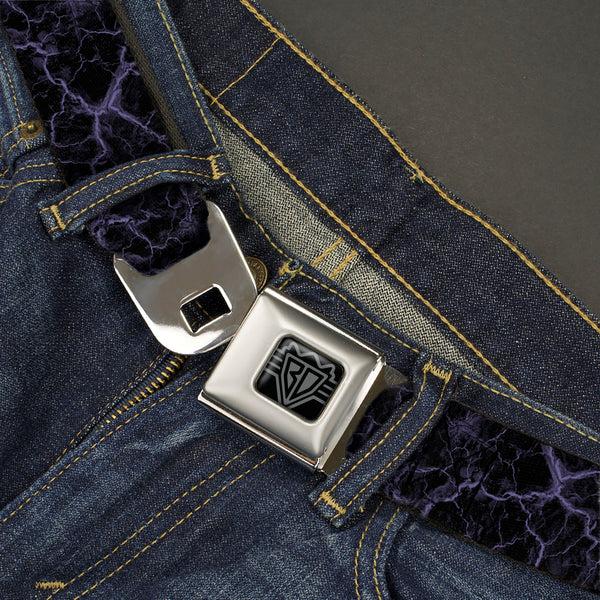 Buckle Down BD Wings Logo CLOSE-UP Black/Silver Seatbelt Belt - Marble Black/Purple Webbing