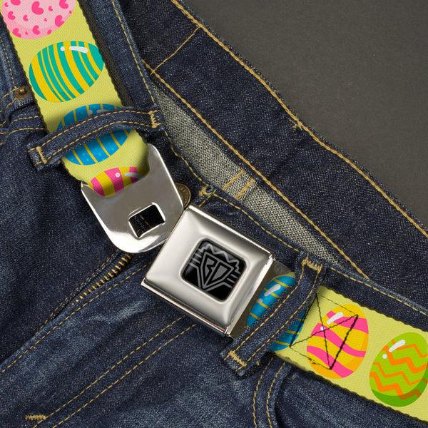 Buckle Down BD Wings Logo CLOSE-UP Black/Silver Seatbelt Belt - Easter Eggs Decorated Eggs Yellow/Multi Color Webbing