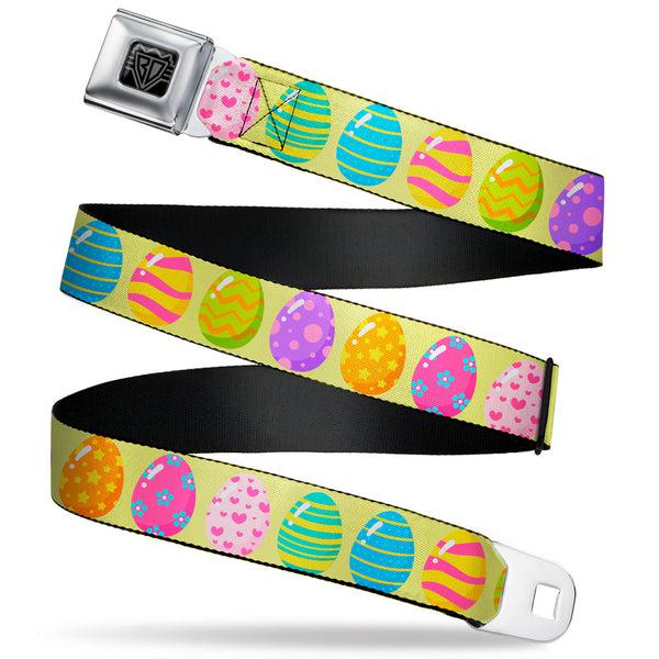 buckle down BD Wings Logo CLOSE-UP Black/Silver Seatbelt Belt - Easter Eggs Decorated Eggs Yellow/Multi Color Webbing