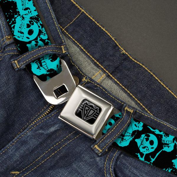 Buckle Down BD Wings Logo CLOSE-UP Black/Silver Seatbelt Belt - Skulls Stacked Weathered Black/Teal Webbing