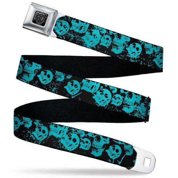 buckle down BD Wings Logo CLOSE-UP Black/Silver Seatbelt Belt - Skulls Stacked Weathered Black/Teal Webbing