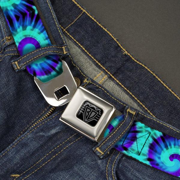 Buckle Down BD Wings Logo CLOSE-UP Black/Silver Seatbelt Belt - Tie Dye Swirl Purples/Blues Webbing