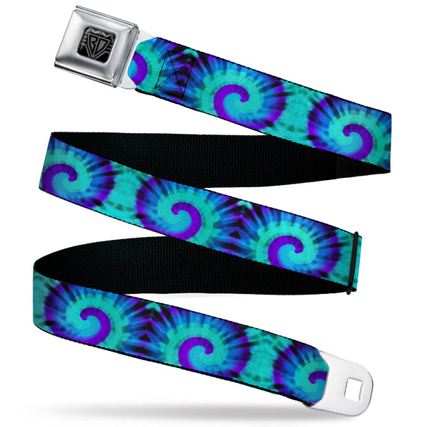 buckle down BD Wings Logo CLOSE-UP Black/Silver Seatbelt Belt - Tie Dye Swirl Purples/Blues Webbing