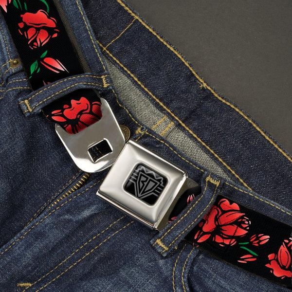 Buckle Down BD Wings Logo CLOSE-UP Black/Silver Seatbelt Belt - Red Rose Chain Black Webbing