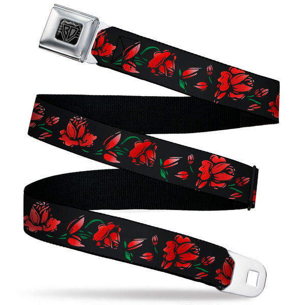 buckle down BD Wings Logo CLOSE-UP Black/Silver Seatbelt Belt - Red Rose Chain Black Webbing