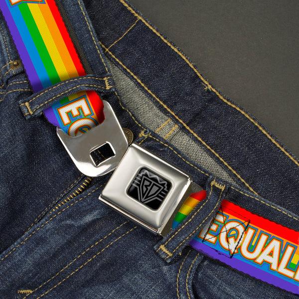 Buckle Down BD Wings Logo CLOSE-UP Black/Silver Seatbelt Belt - EQUALITY/Stripe Rainbow/White Webbing