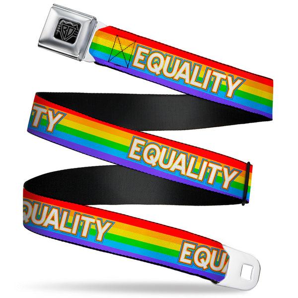 buckle down BD Wings Logo CLOSE-UP Black/Silver Seatbelt Belt - EQUALITY/Stripe Rainbow/White Webbing