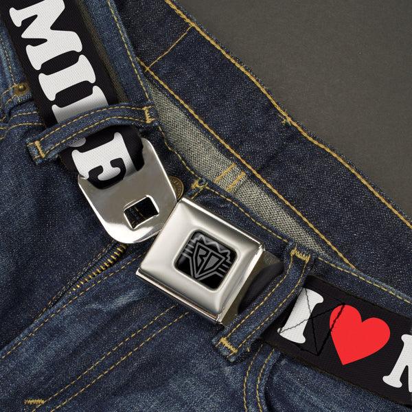 Buckle Down BD Wings Logo CLOSE-UP Black/Silver Seatbelt Belt - I "HEART" MILFS Black/White/Red Webbing