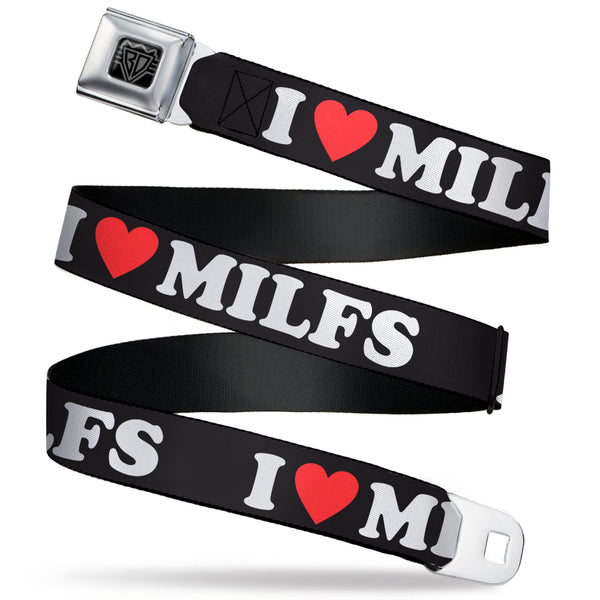 buckle down BD Wings Logo CLOSE-UP Black/Silver Seatbelt Belt - I "HEART" MILFS Black/White/Red Webbing