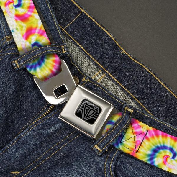 Buckle Down BD Wings Logo CLOSE-UP Black/Silver Seatbelt Belt - Tie Dye Swirl Multi Color/White Webbing