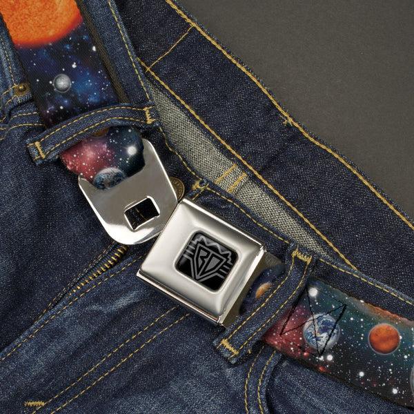 Buckle Down BD Wings Logo CLOSE-UP Black/Silver Seatbelt Belt - Solar System Sun/Planets/Stars2 Webbing