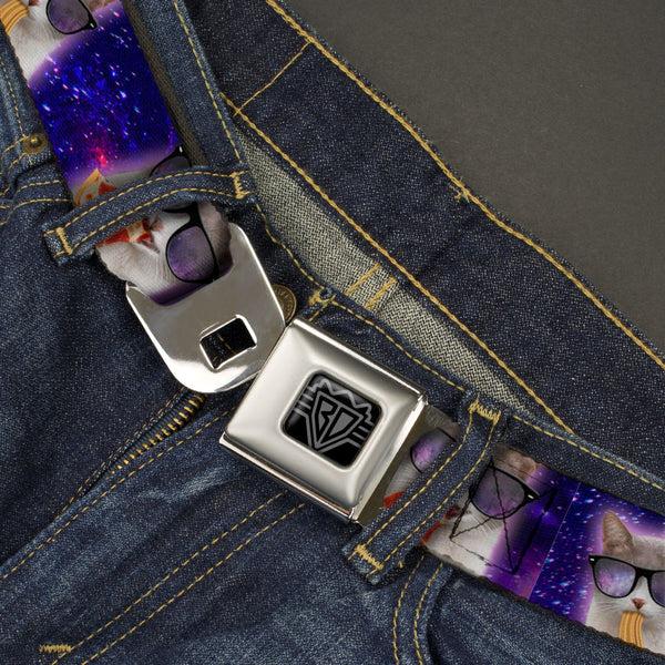 Buckle Down BD Wings Logo CLOSE-UP Black/Silver Seatbelt Belt - Hungry Cat In Space Purples Webbing