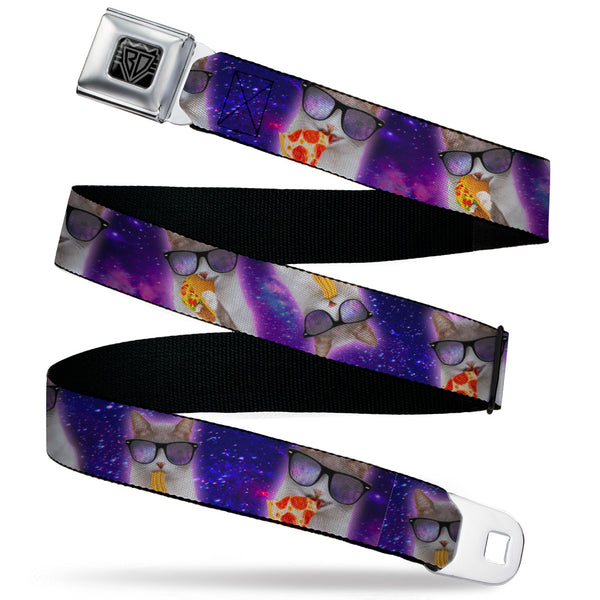 buckle down BD Wings Logo CLOSE-UP Black/Silver Seatbelt Belt - Hungry Cat in Space Purples Webbing