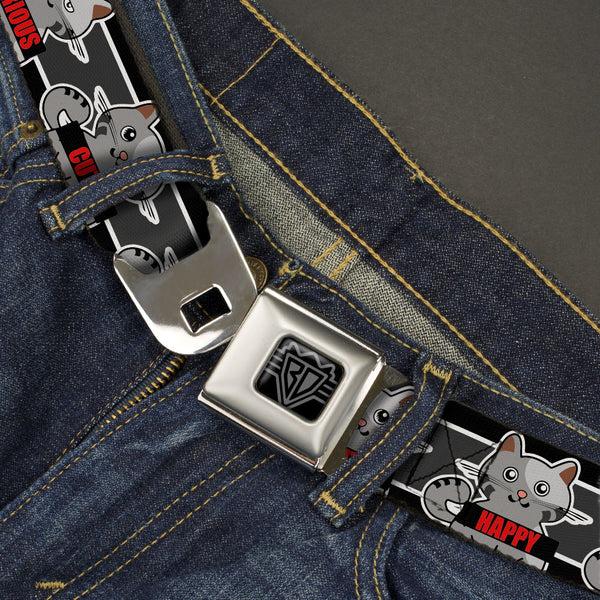 Buckle Down BD Wings Logo CLOSE-UP Black/Silver Seatbelt Belt - Cat 6-Mood Poses/Stripe Black/White/Grays Webbing