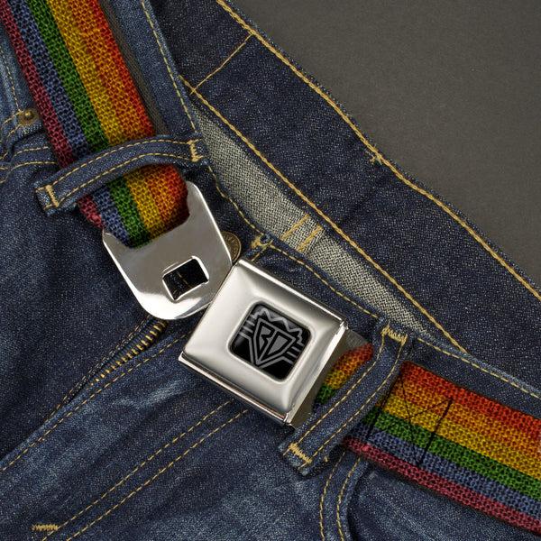 Buckle Down BD Wings Logo CLOSE-UP Black/Silver Seatbelt Belt - Burlap Texture Rainbow Webbing