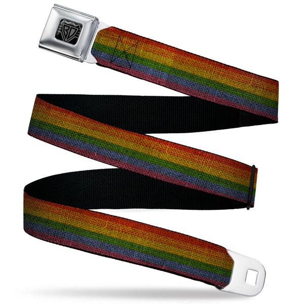 buckle down BD Wings Logo CLOSE-UP Black/Silver Seatbelt Belt - Burlap Texture Rainbow Webbing