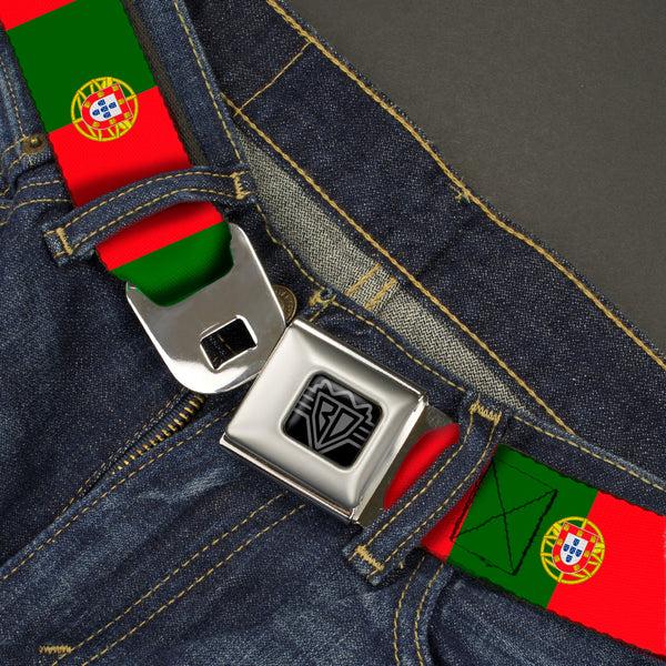 Buckle Down BD Wings Logo CLOSE-UP Black/Silver Seatbelt Belt - Portugal Flag Green/Red Webbing