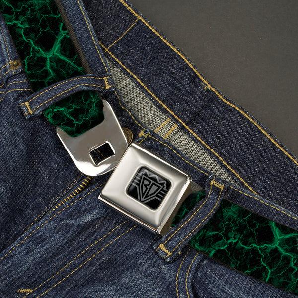 Buckle Down BD Wings Logo CLOSE-UP Black/Silver Seatbelt Belt - Marble Black/Green Webbing