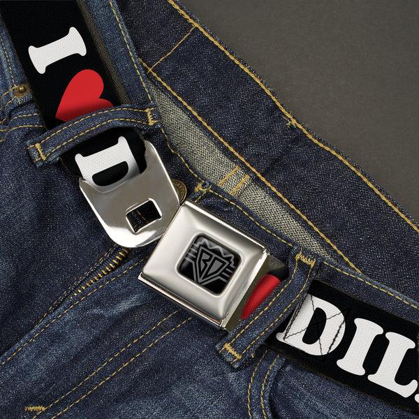 Buckle Down BD Wings Logo CLOSE-UP Black/Silver Seatbelt Belt - I "HEART" DILFS Black/White/Red Webbing