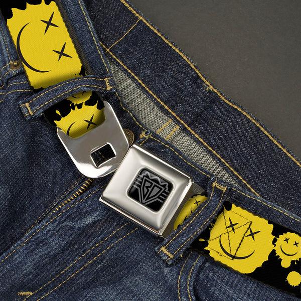 Buckle Down BD Wings Logo CLOSE-UP Black/Silver Seatbelt Belt - Smiley Face Splatter Scattered Black/Yellow Webbing