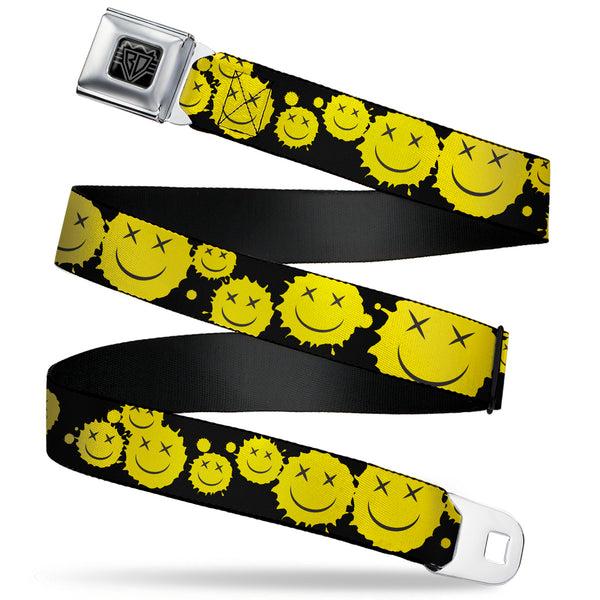 buckle down BD Wings Logo CLOSE-UP Black/Silver Seatbelt Belt - Smiley Face Splatter Scattered Black/Yellow Webbing