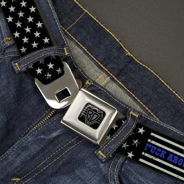 Buckle Down BD Wings Logo CLOSE-UP Black/Silver Seatbelt Belt - FAFO FUCK AROUND AND FIND OUT Thin Blue Line Flag Webbing