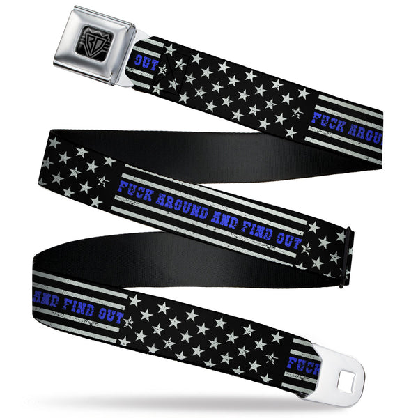 buckle down BD Wings Logo CLOSE-UP Black/Silver Seatbelt Belt - FAFO FUCK AROUND AND FIND OUT Thin Blue Line Flag Webbing