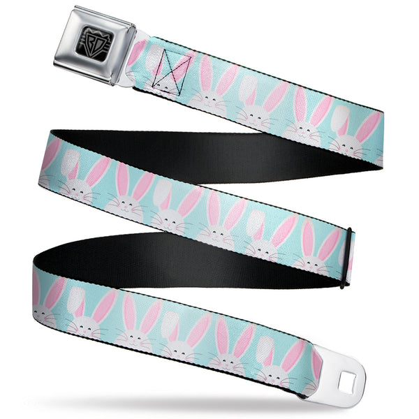 buckle down BD Wings Logo CLOSE-UP Black/Silver Seatbelt Belt - Easter Bunnies Smiling Sky Blue Webbing