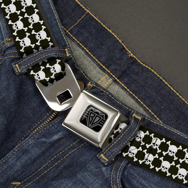 Buckle Down BD Wings Logo CLOSE-UP Black/Silver Seatbelt Belt - Top Skulls Stacked Black/White Webbing
