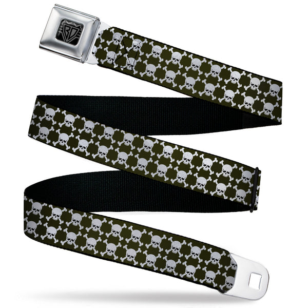 buckle down BD Wings Logo CLOSE-UP Black/Silver Seatbelt Belt - Top Skulls Stacked Black/White Webbing