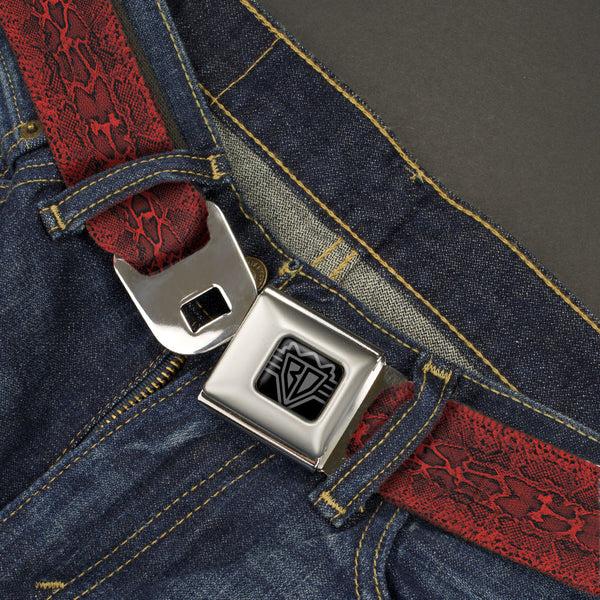 Buckle Down BD Wings Logo CLOSE-UP Black/Silver Seatbelt Belt - Snake Skin 3 Red/Black Webbing