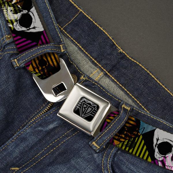 Buckle Down BD Wings Logo CLOSE-UP Black/Silver Seatbelt Belt - Skull CAT Scan/Striped Diamonds Black/Multi Color/Grays Webbing