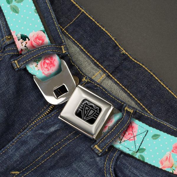 Buckle Down BD Wings Logo CLOSE-UP Black/Silver Seatbelt Belt - Roses & Leaves Scattered/Polka Dot Aqua/White Webbing