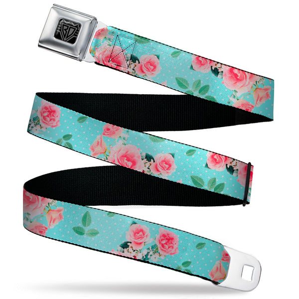 buckle down BD Wings Logo CLOSE-UP Black/Silver Seatbelt Belt - Roses & Leaves Scattered/Polka Dot Aqua/White Webbing