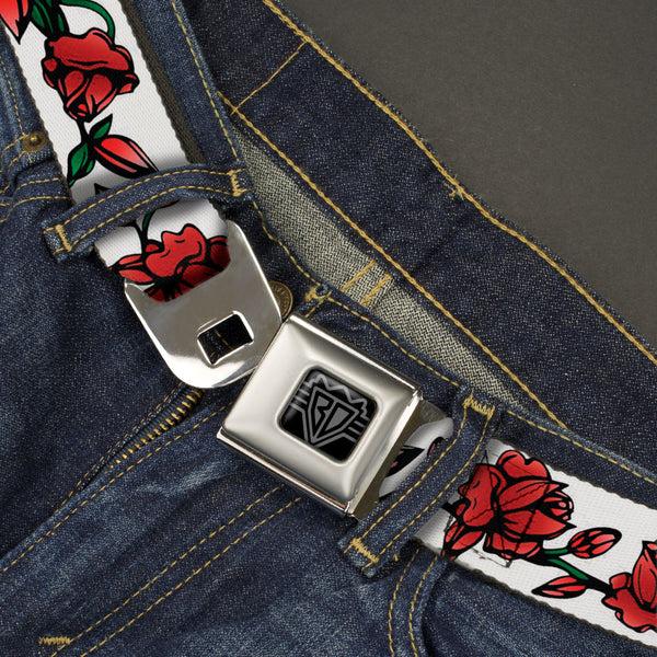 Buckle Down BD Wings Logo CLOSE-UP Black/Silver Seatbelt Belt - Red Rose Chain White Webbing