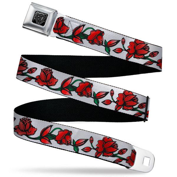 buckle down BD Wings Logo CLOSE-UP Black/Silver Seatbelt Belt - Red Rose Chain White Webbing