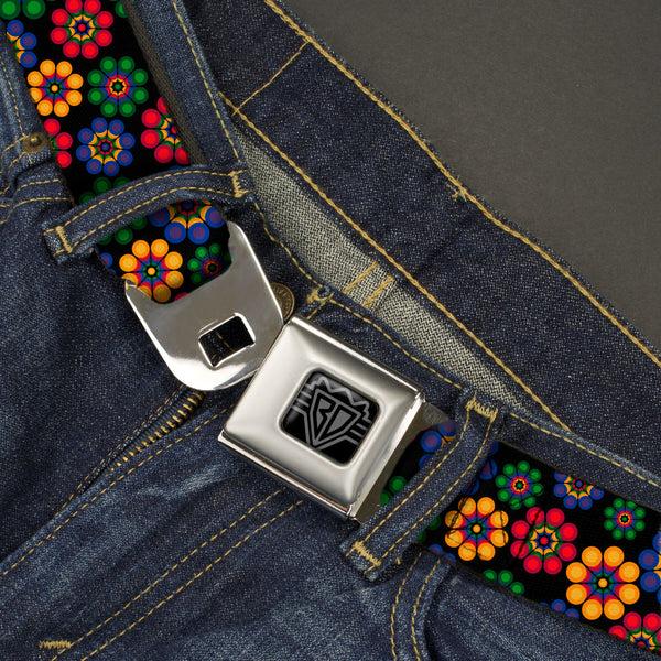 Buckle Down BD Wings Logo CLOSE-UP Black/Silver Seatbelt Belt - Psychedelic Daisies Black/Multi Color Webbing