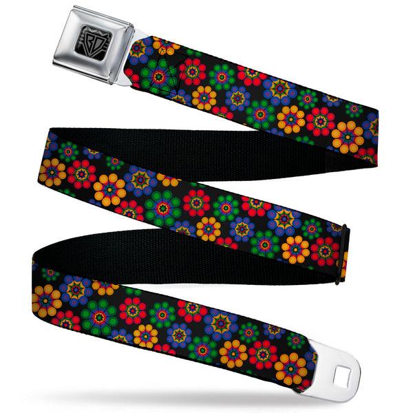 buckle down BD Wings Logo CLOSE-UP Black/Silver Seatbelt Belt - Psychedelic Daisies Black/Multi Color Webbing