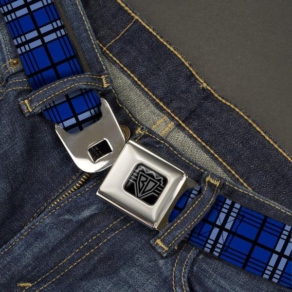 Buckle Down BD Wings Logo CLOSE-UP Black/Silver Seatbelt Belt - Plaid Blue/Gray/Black Webbing