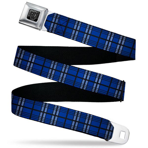 buckle down BD Wings Logo CLOSE-UP Black/Silver Seatbelt Belt - Plaid Blue/Gray/Black Webbing