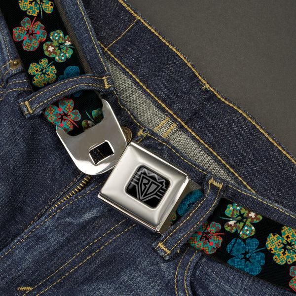 Buckle Down BD Wings Logo CLOSE-UP Black/Silver Seatbelt Belt - Pixilated Hibiscus Flowers Black/Multi Color Webbing